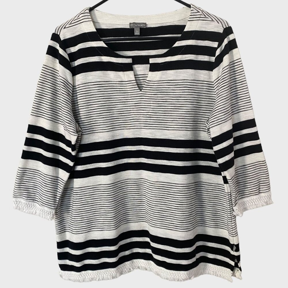 Talbots Fringe Striped 3/4-Sleeve Tunic Top Women's Size Petite 1X Black & White